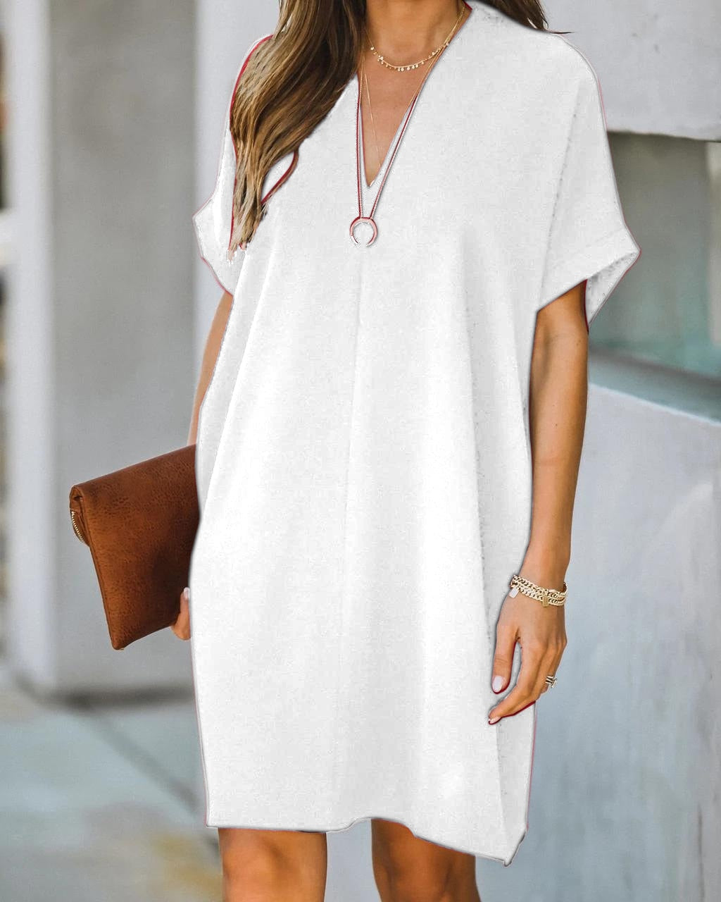 Women's relaxed fit V-neck tunic dress in a loose fit, perfect as a casual summer mini dress.