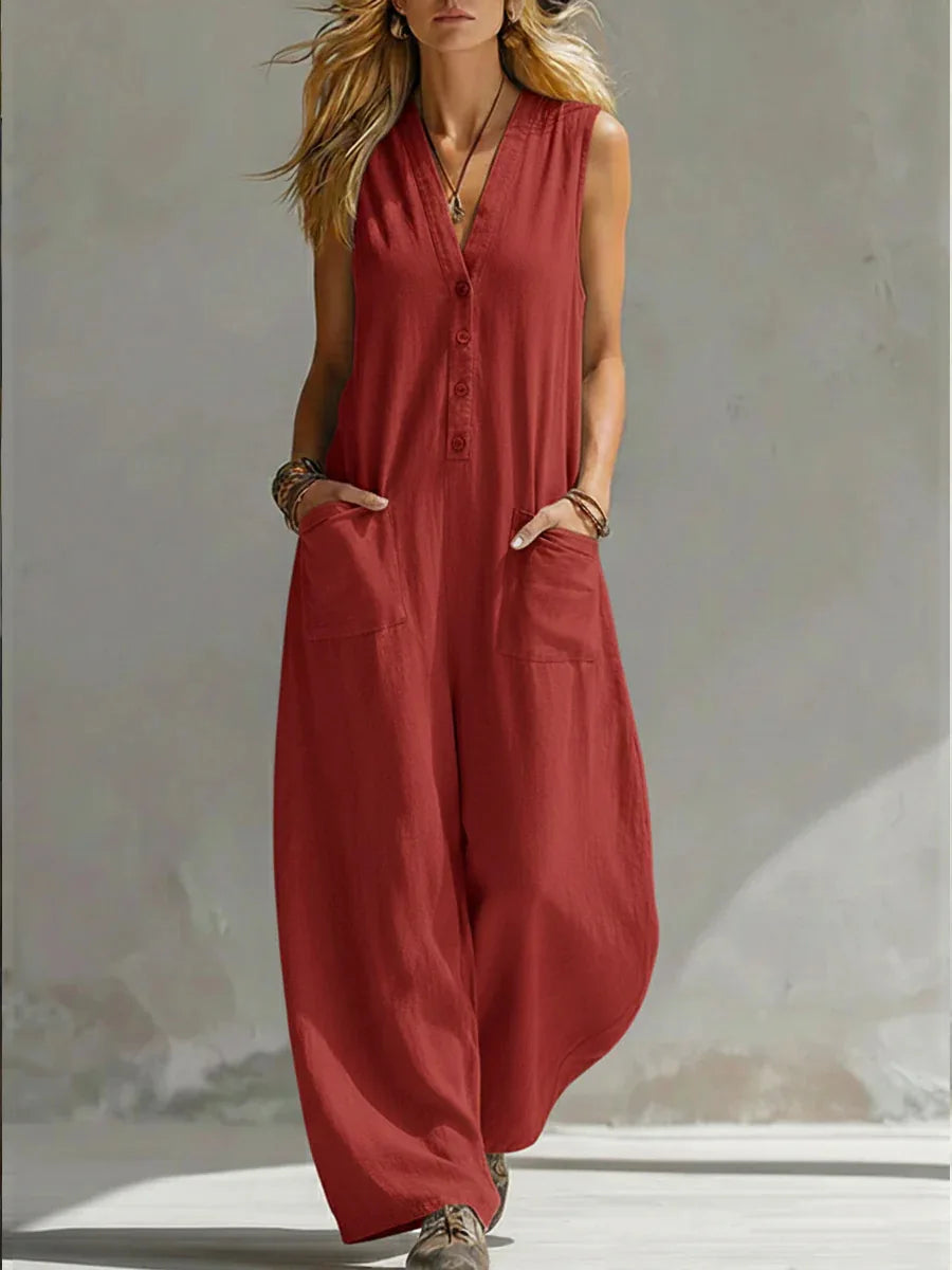 Women's relaxed fit wide leg sleeveless jumpsuit with button front, perfect for casual summer holidays.