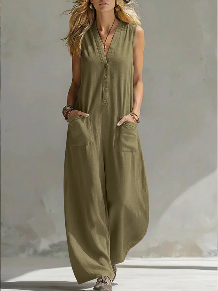 Stylish women's relaxed wide leg sleeveless jumpsuit. Casual, comfortable, and perfect for summer & holiday wear.