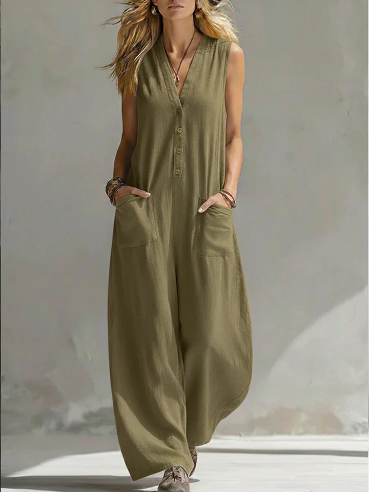 Stylish women's relaxed wide leg sleeveless jumpsuit. Casual, comfortable, and perfect for summer & holiday wear.
