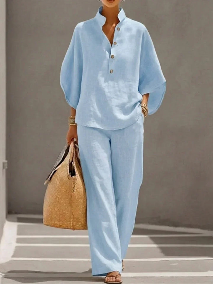 Relaxed women's linen blend set, two-piece with wide-leg pants. Great for casual summer days & resort trips.