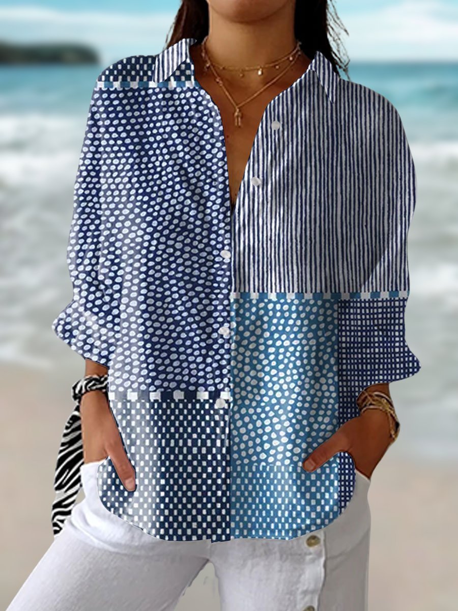 Women's relaxed patchwork print long-sleeve button-up blouse, ideal for casual coastal summer fashion.
