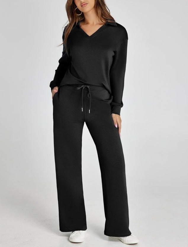 Women's relaxed two-piece lounge set with wide leg pants & v-neck top. Perfect comfort wear & casual matching outfit.
