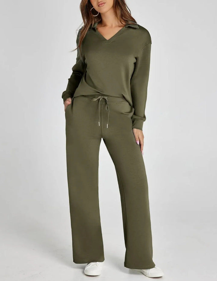 Comfortable women's two-piece lounge set, ideal for home or travel. Features a V-neck top & wide leg pants. Relax wear.