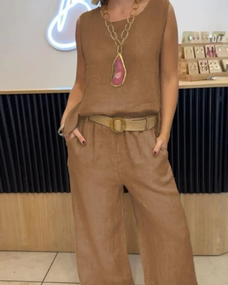 Stylish women's summer two-piece set: a breezy sleeveless top paired with high-waisted wide-leg pants. Casual fashion.