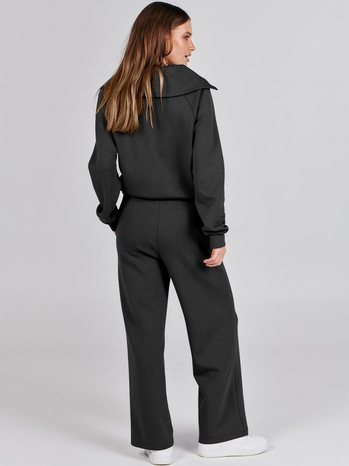 Front view: Women's comfortable relaxed fit two-piece activewear set. Zip-neck & wide-leg.