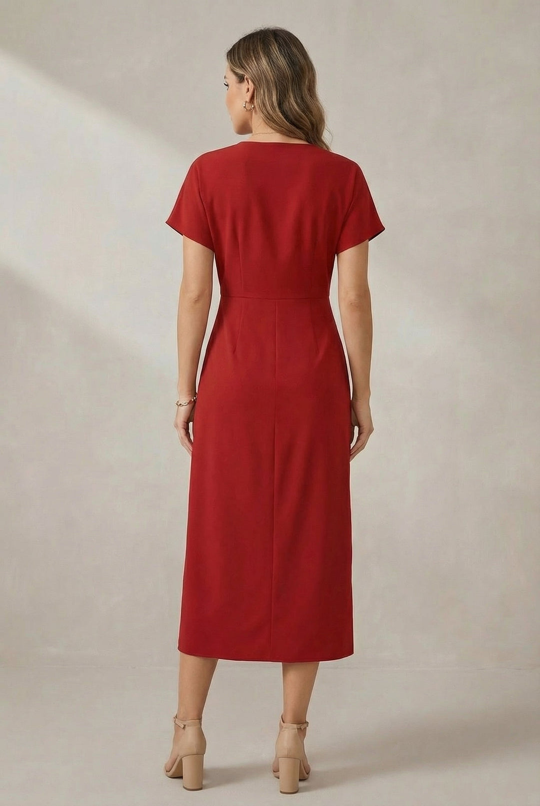 Stylish women's relaxed V-neck midi dress. Perfect for elegant casual spring & summer wear.