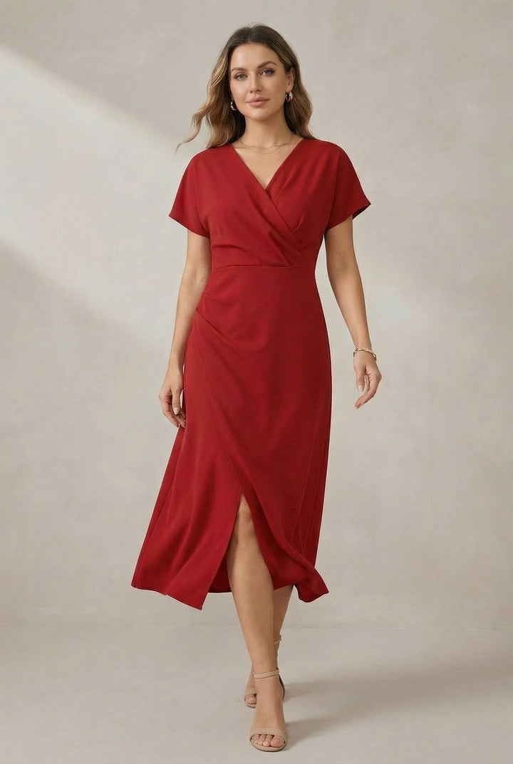 Flattering women's relaxed fit V-neck midi dress. Effortless style for casual or elegant occasions.
