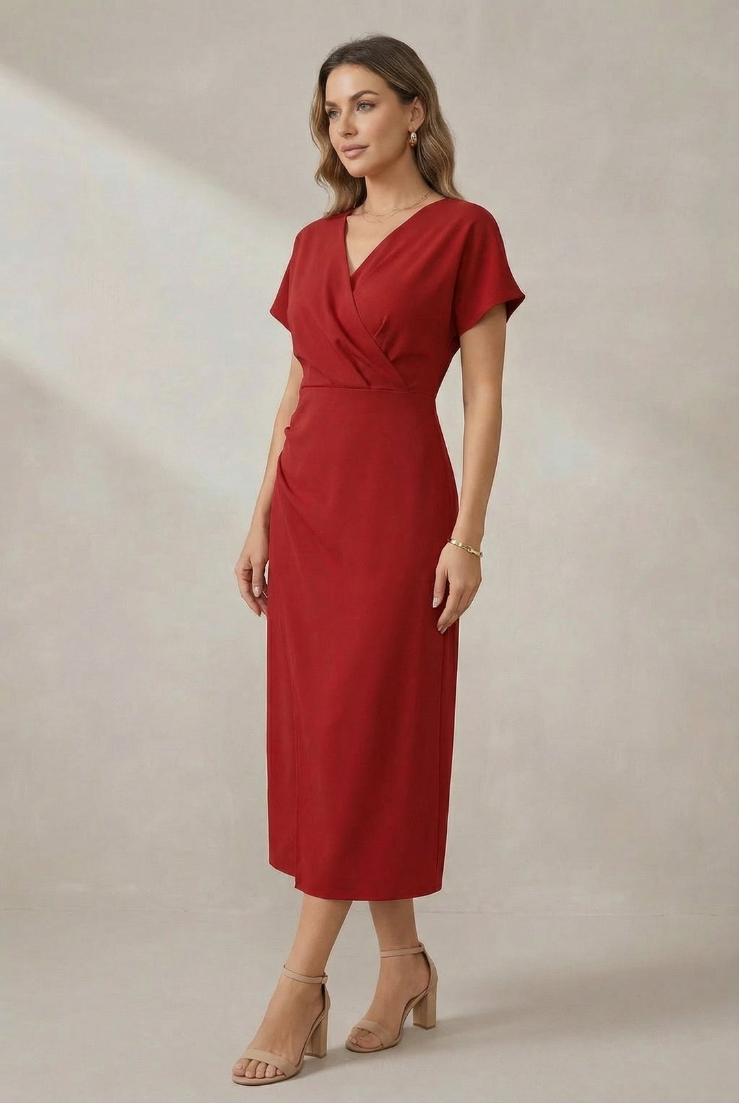 Versatile women's V-neck midi dress in a relaxed fit. Great for summer, spring, and fall casual.