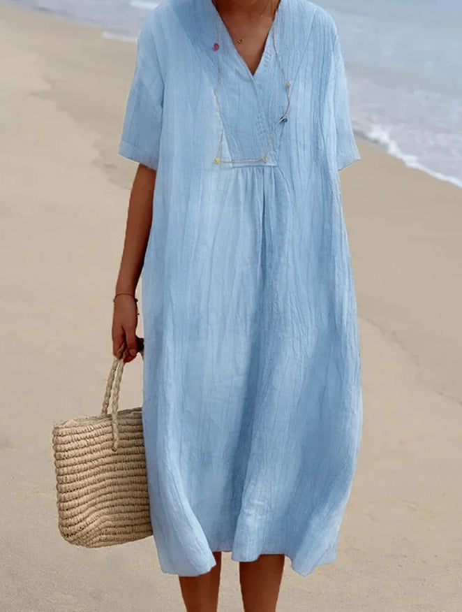 Versatile women's V-neck short sleeve relaxed dress, a lightweight casual summer beach & resort essential.