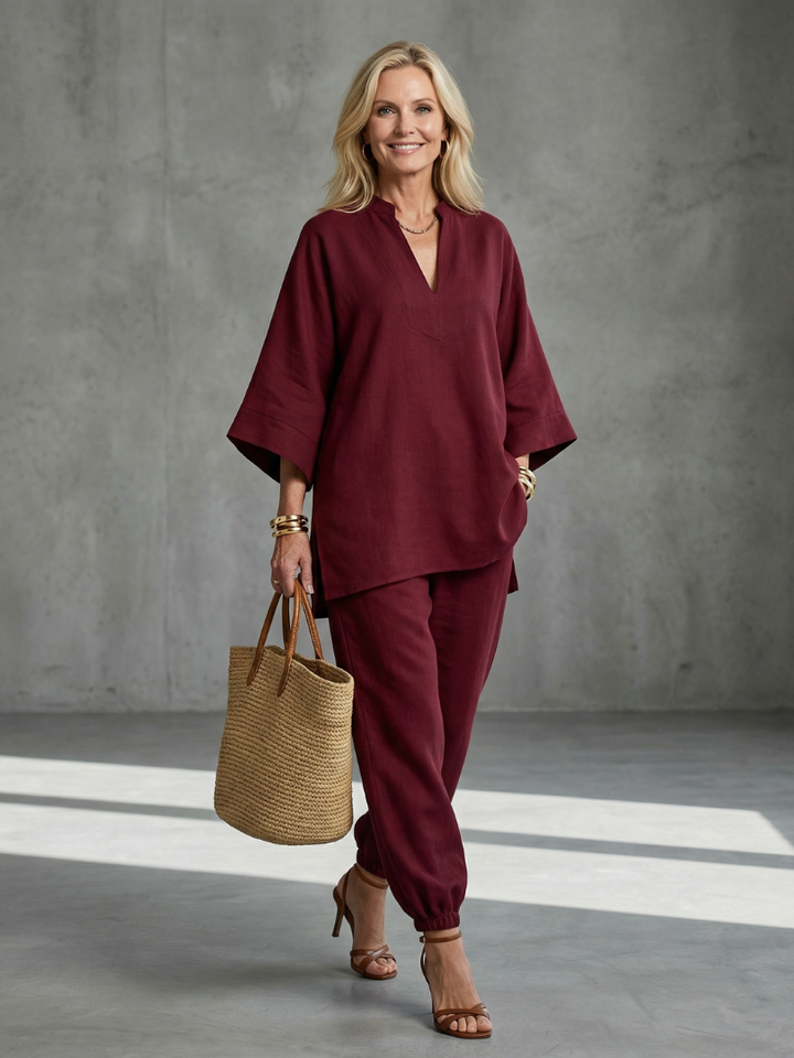 Women's relaxed V-neck tunic & gathered trouser two-piece set for ultimate comfort.
