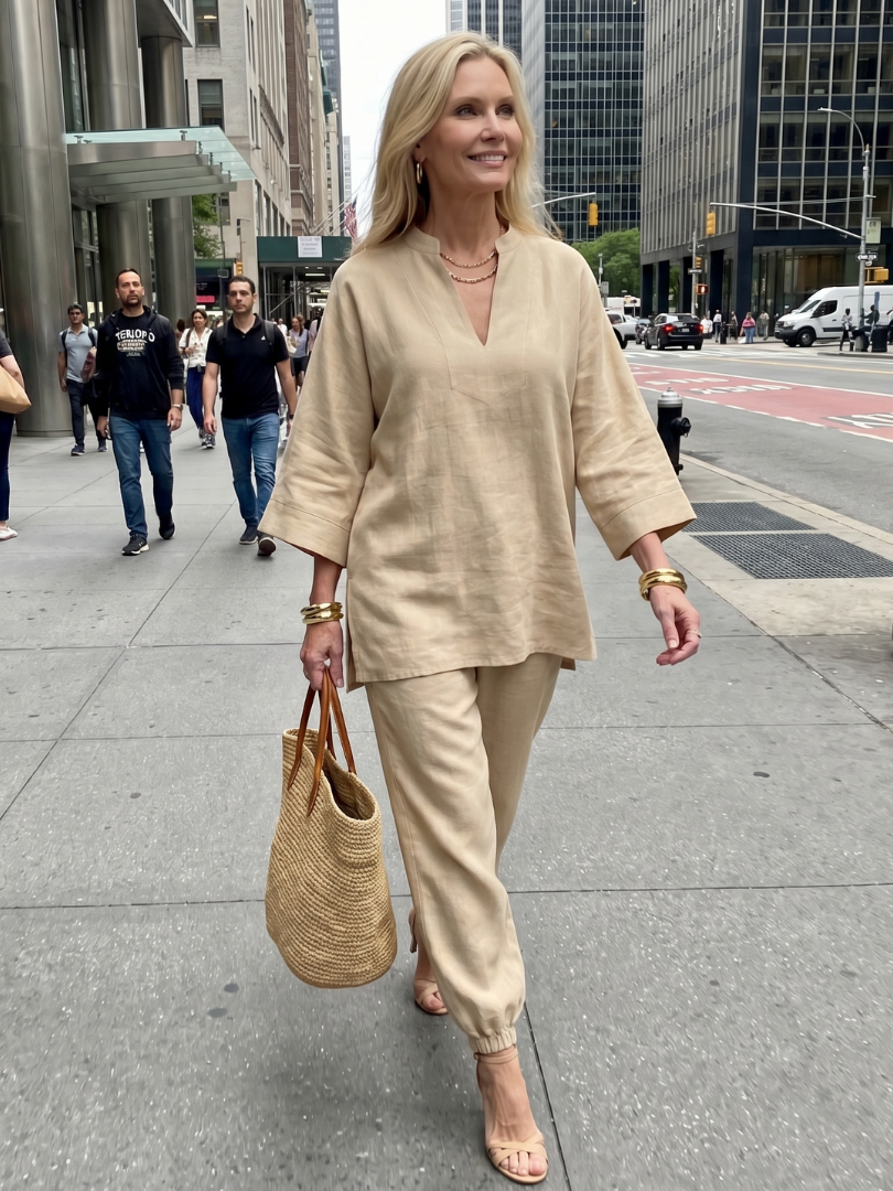 Women's coordinated summer outfit: V-neck tunic & gathered trousers set.