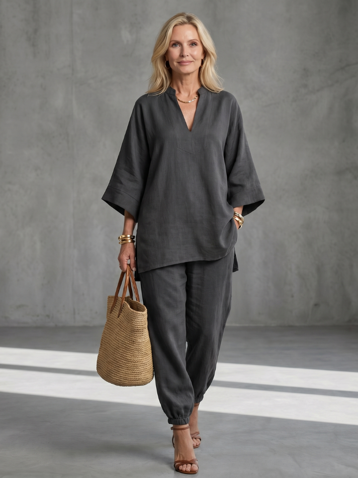 Comfortable fashion: women's V-neck tunic and gathered trouser two-piece set.