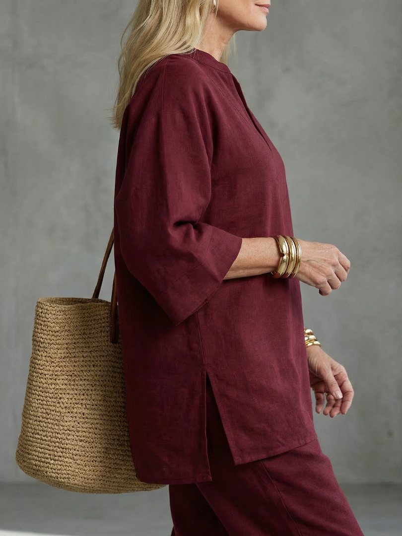 Casual women's lounge wear: V-neck tunic and gathered trouser coordinated set.