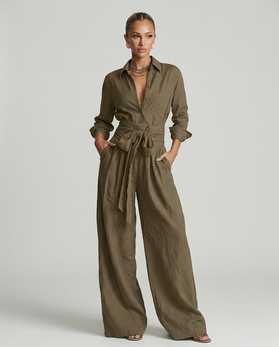 Soft fabric women's wide leg jumpsuit, button-front design, relaxed fit for everyday comfort.