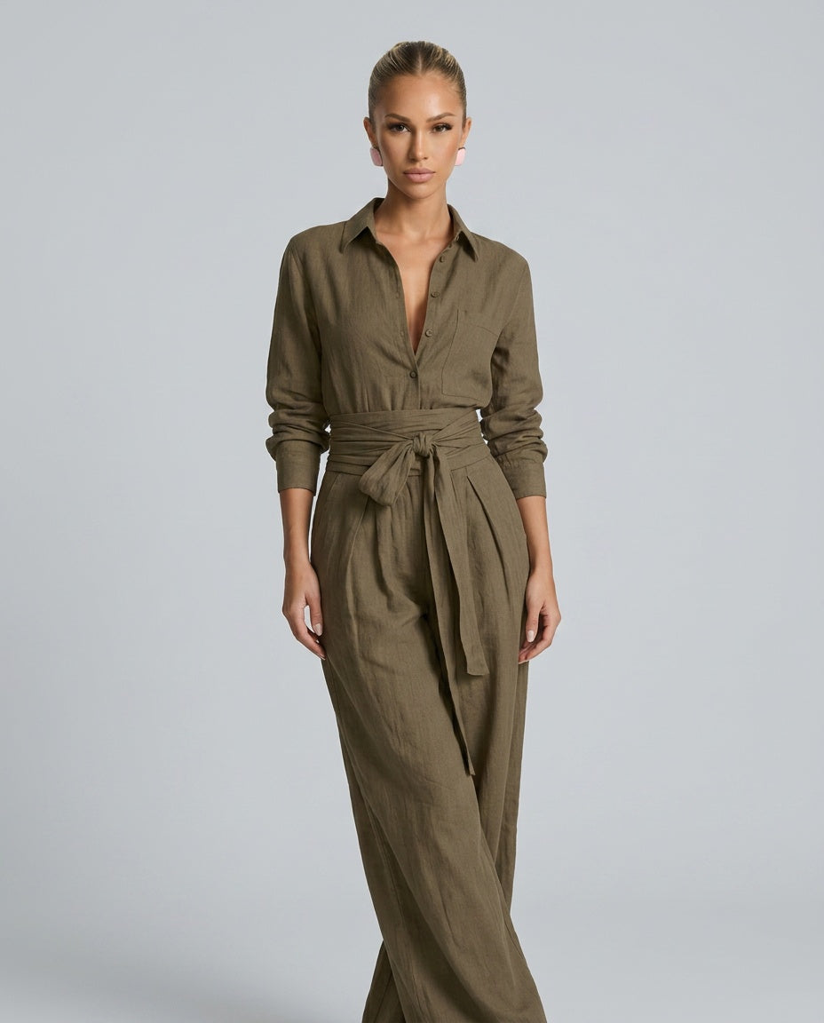Relaxed fit wide leg button-front jumpsuit for women, a versatile and comfy casual summer outfit.