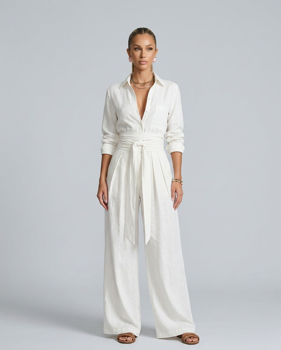 Spring fashion women's button-front wide leg jumpsuit, a relaxed one-piece for breezy comfort.