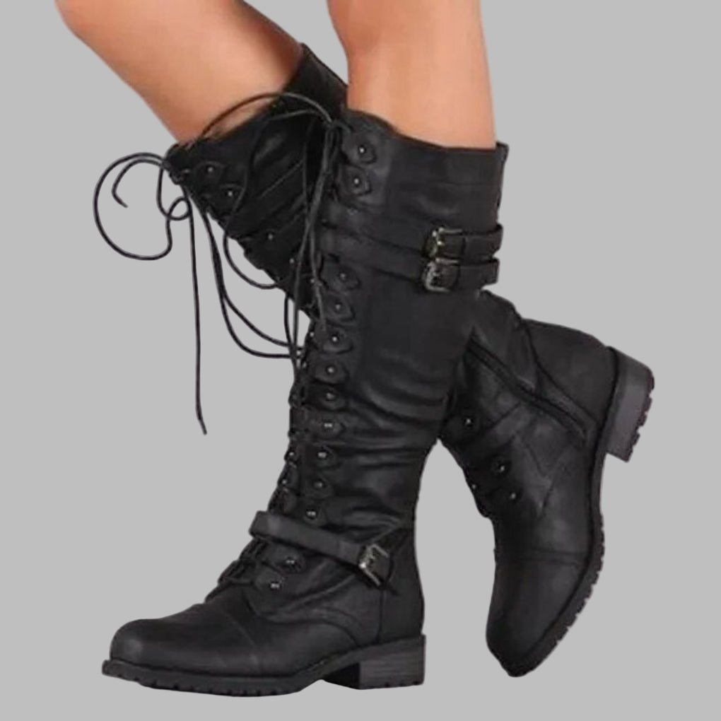 Women's retro brown lace-up mid-calf boots with side buckle detail, perfect for stylish autumn & winter fashion.