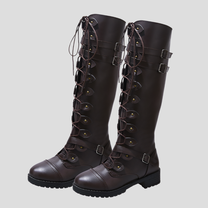 Close-up of women's retro lace-up boots showing textured material, sturdy laces, and a chic side buckle.