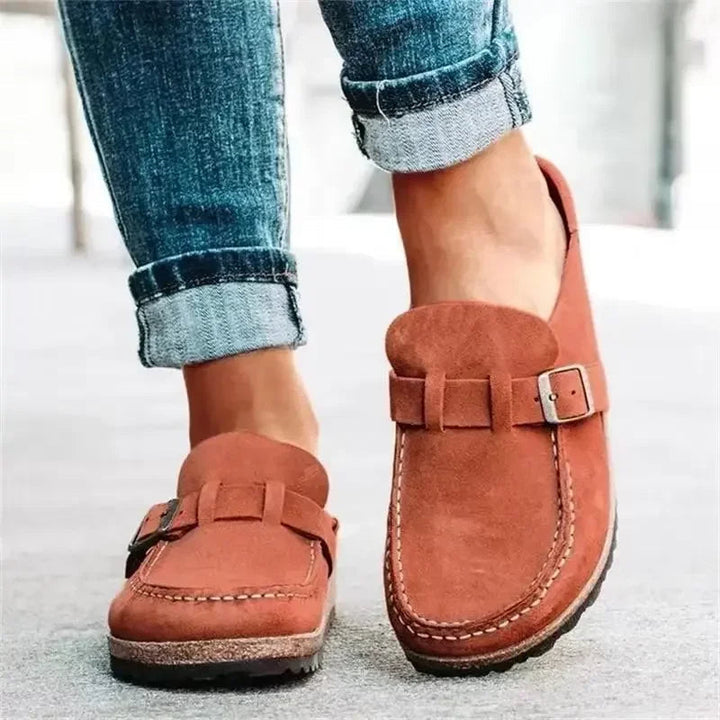 Women's retro buckle flat mules, slip-on comfort for spring/autumn casual wear.