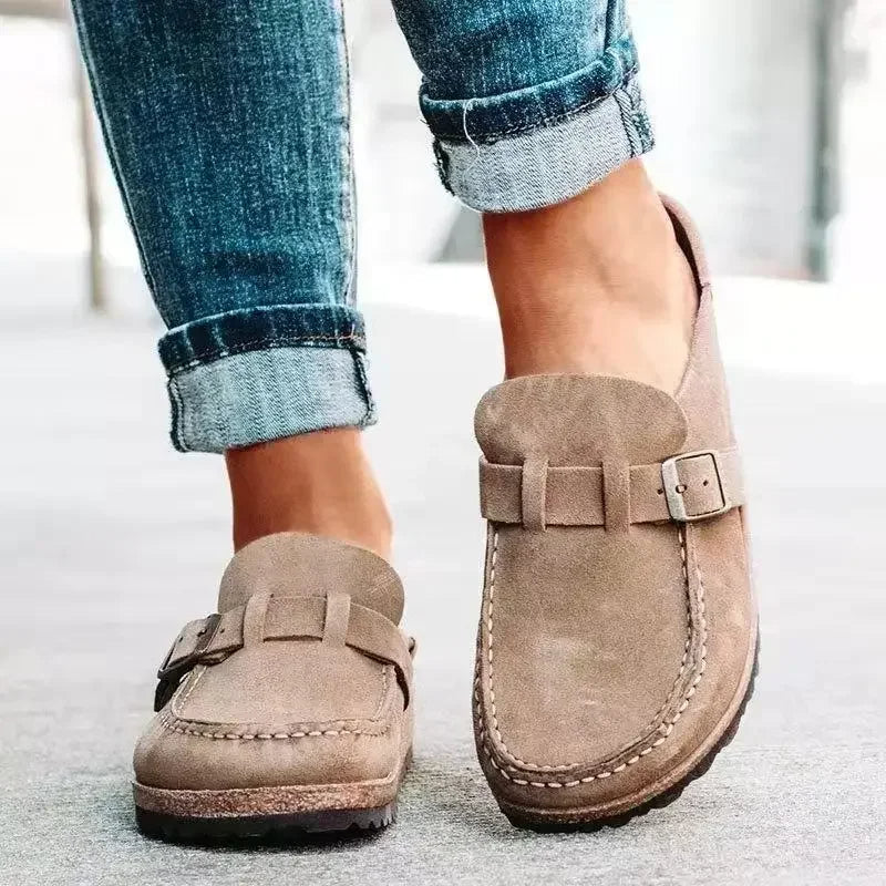Comfortable women's slip-on flat mules with retro buckle; perfect casual spring/autumn footwear.