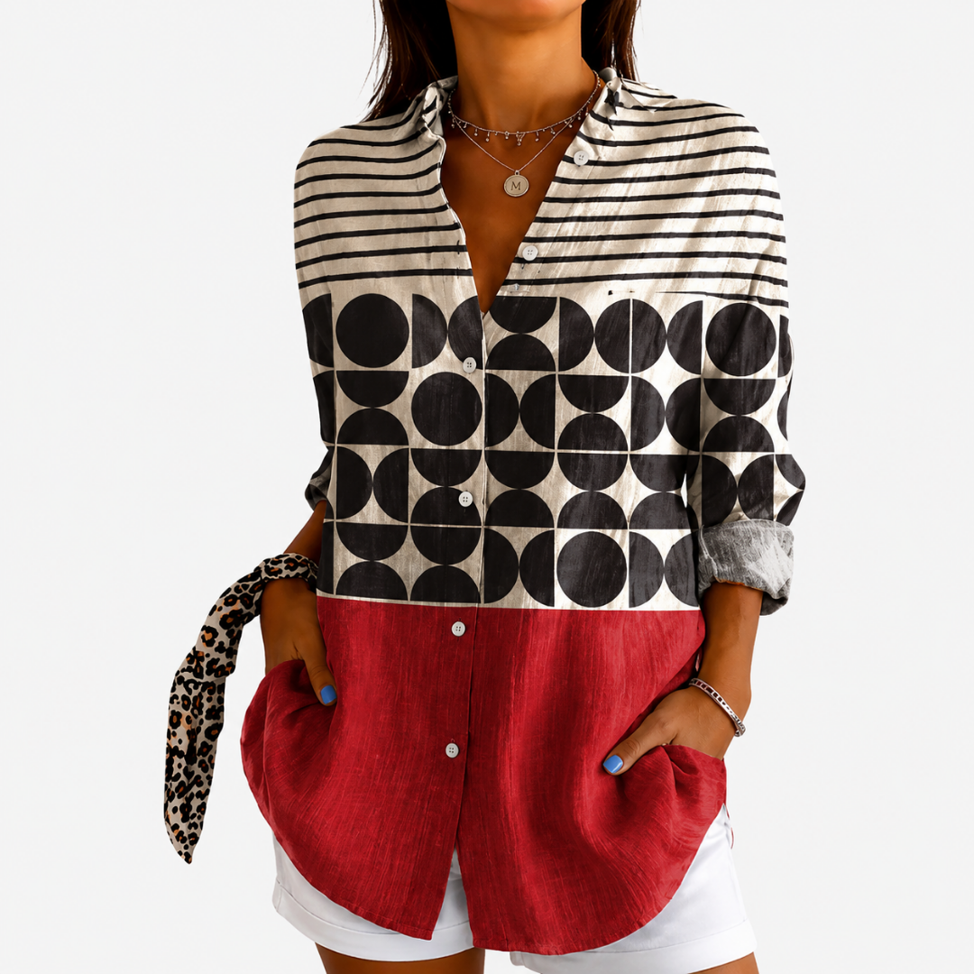 Women's retro colorblock blouse with artistic geometric pattern, casual button-front top, relaxed fit.