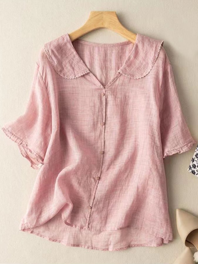 Women's retro doll collar short sleeve button-down shirt. Relaxed fit, perfect chic summer casual wear.