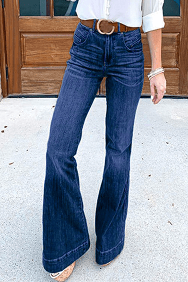 Classic women's flared bell bottom jeans, high-waisted and retro-inspired. Fashionable stretch denim for a vintage look.