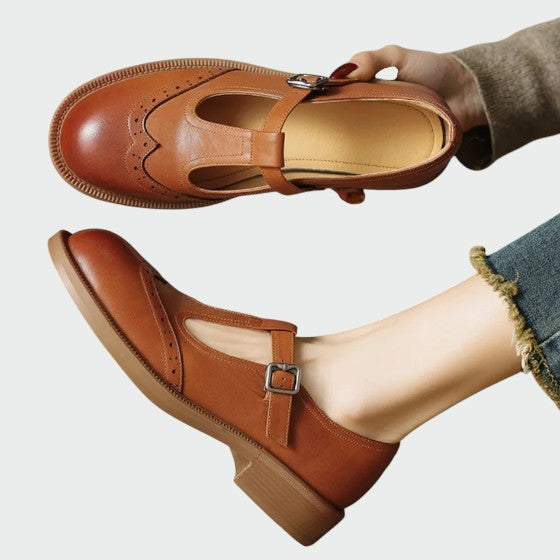 Apricot vintage Mary Jane flats, elegant women's retro shoes with classic style.