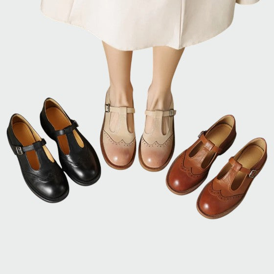 Brown classic Mary Jane flats, comfortable vintage footwear for women.