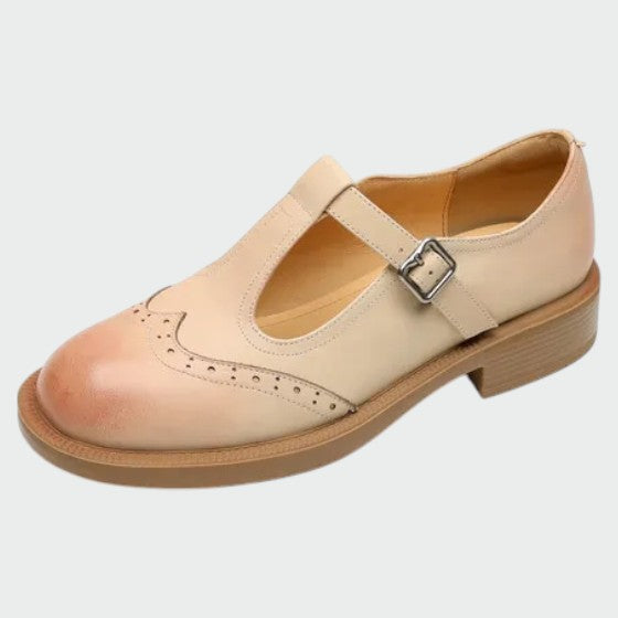 Apricot retro Mary Jane flats, classic comfortable women's shoes for everyday wear.
