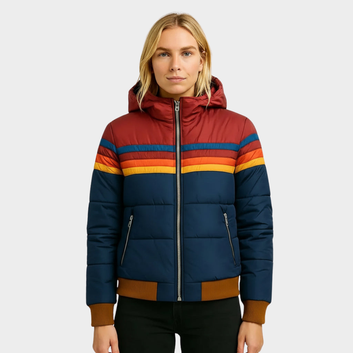 Women's retro multicolor striped puffer jacket, a cozy winter coat with hood, perfect for casual fashion outerwear.