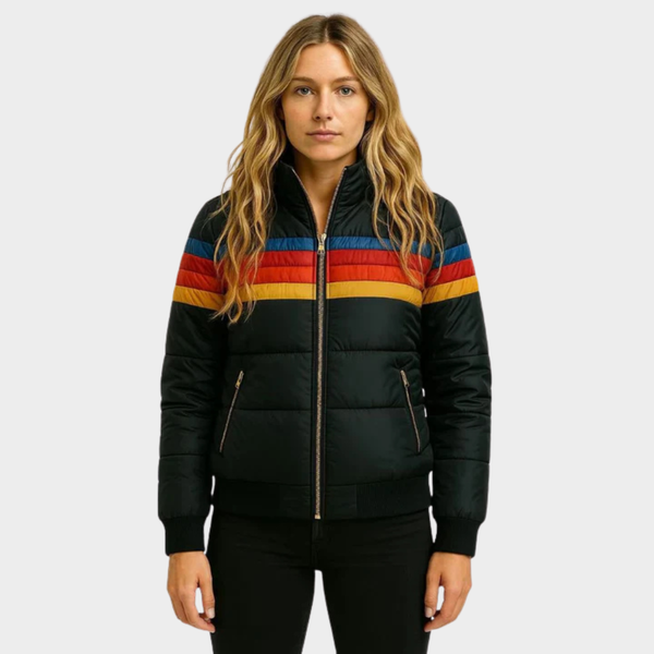 Stylish women's retro multicolor striped puffer jacket for winter. Cozy, hooded outerwear with a vibrant casual design.
