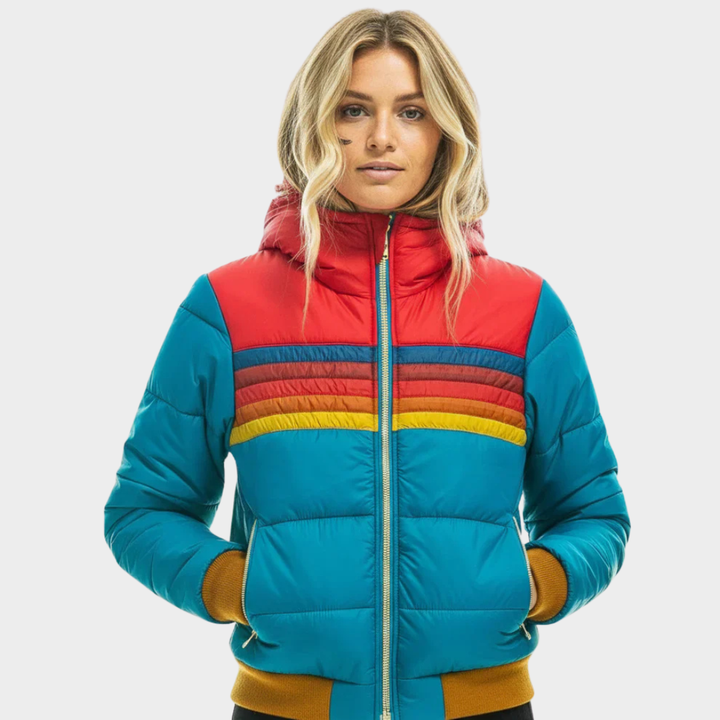 Vibrant retro multicolor striped women's puffer jacket. Warm winter coat, hooded, perfect for stylish cozy outerwear.