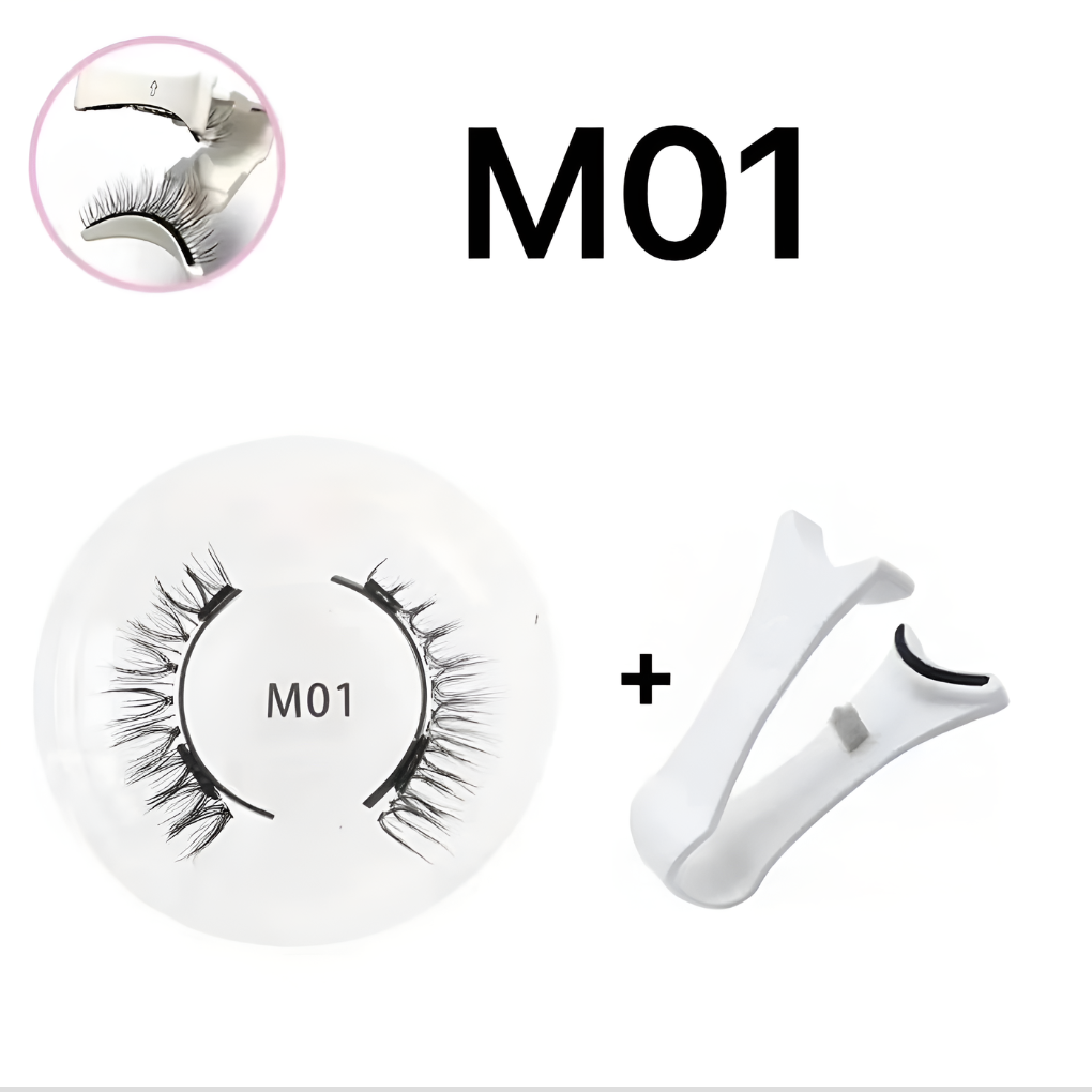 Women's reusable magnetic eyelashes and tweezer set for easy, no-glue application. Natural synthetic false lashes.