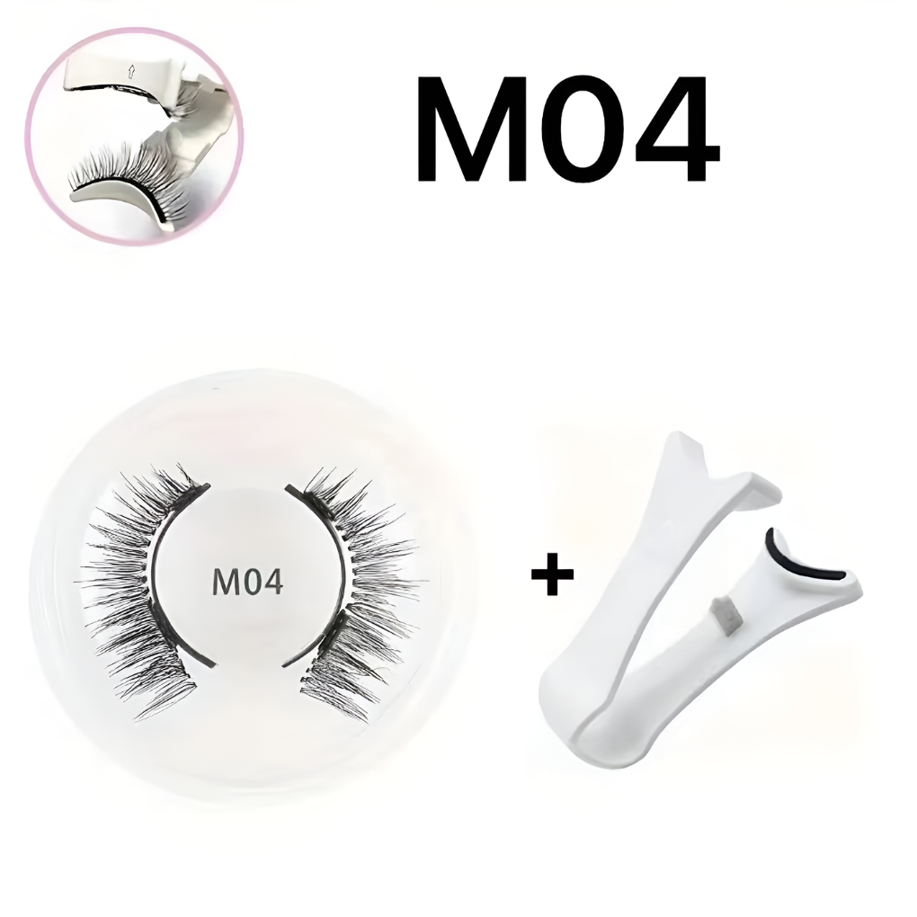 Hand holding the reusable magnetic false eyelashes and tweezer for women, demonstrating easy application technique.