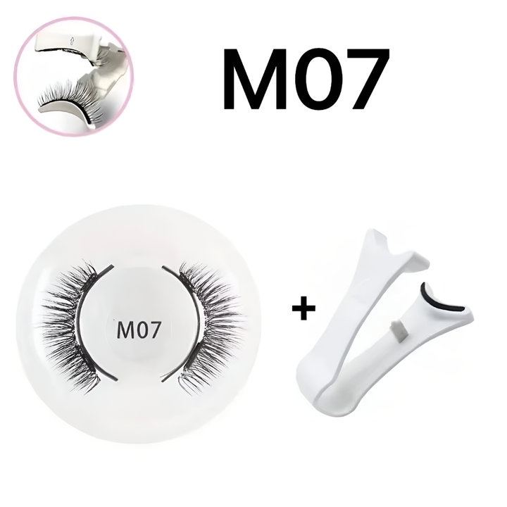 Three pairs of different style reusable magnetic false eyelashes on a tray for women, ready for no-glue application.