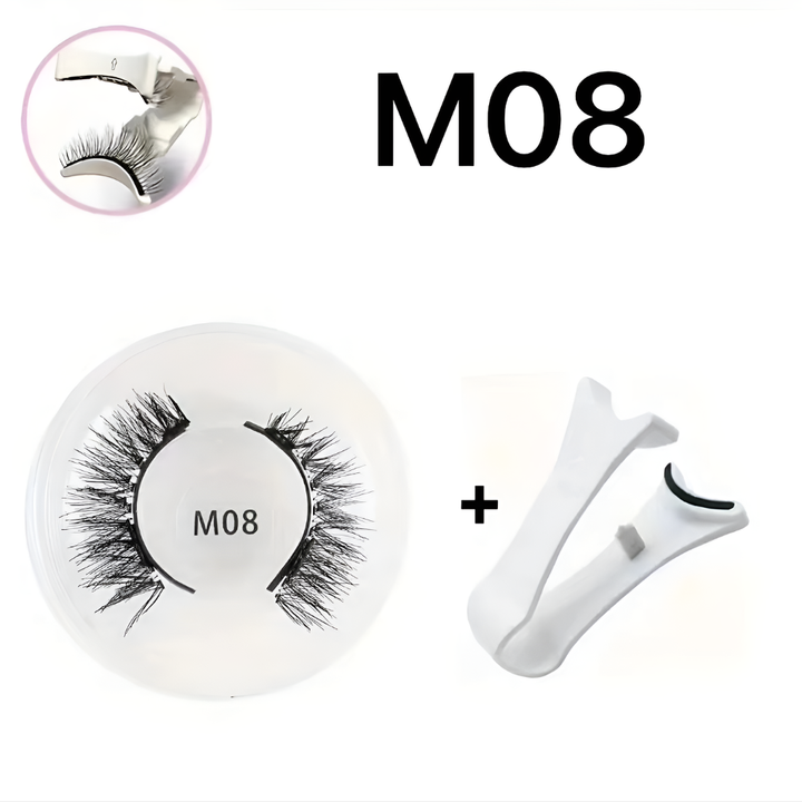 All components of the women's reusable magnetic false eyelash and tweezer set laid out for clarity, no-glue ease.