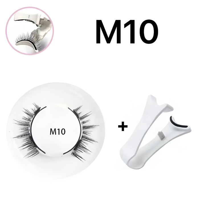 Stylish women's reusable magnetic false eyelashes and tweezer set, enhancing eye makeup with no-glue synthetic lashes.