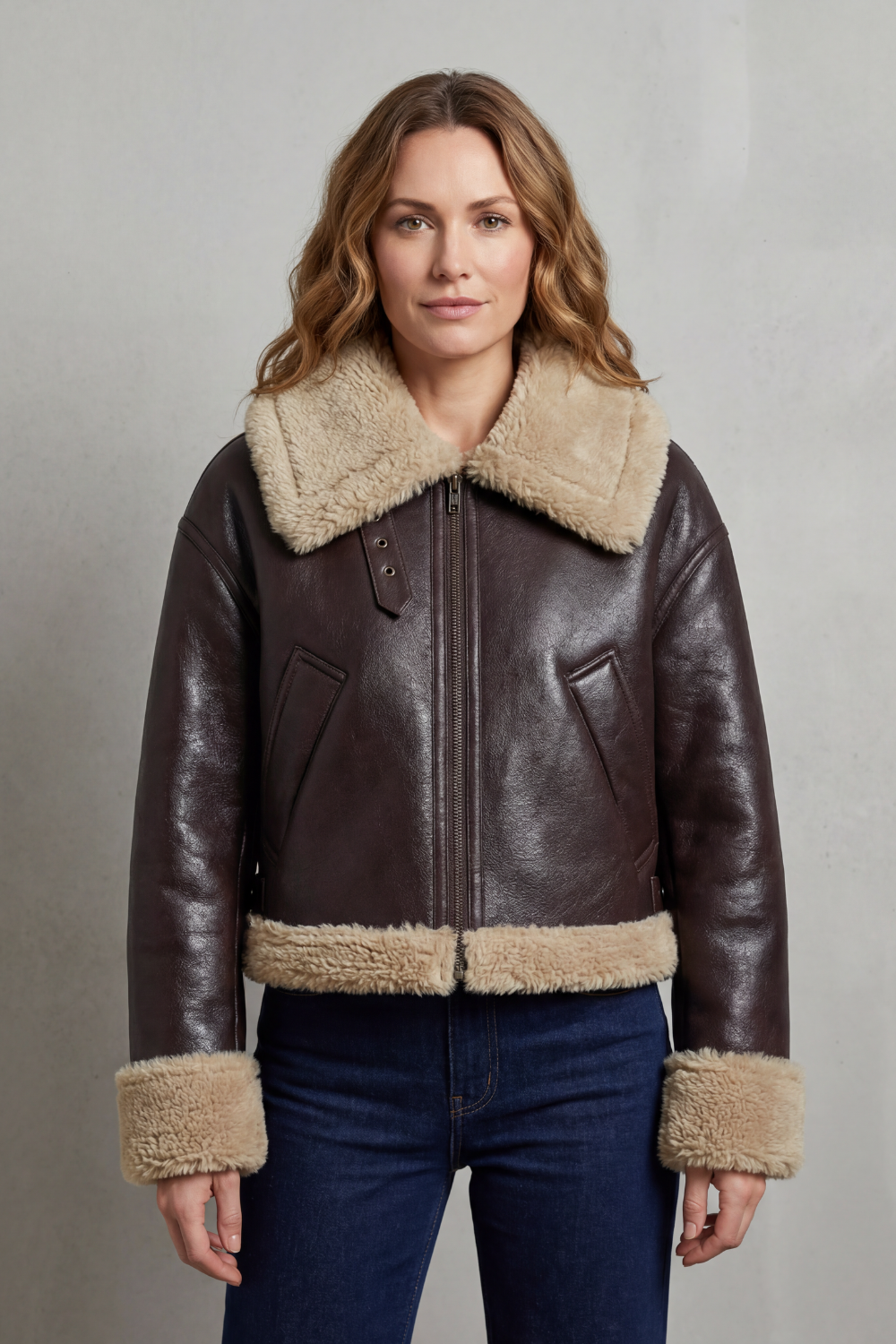 Chic women's cropped aviator jacket, reversible design offers two stylish looks in one.
