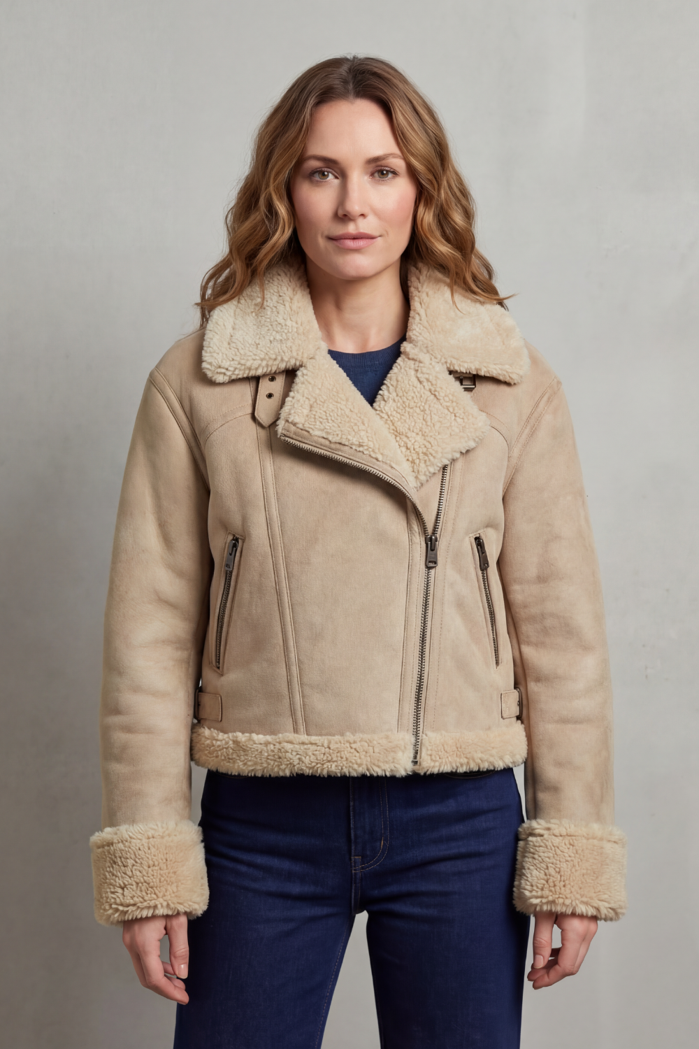Fashionable women's reversible cropped aviator jacket, combining style with practicality.