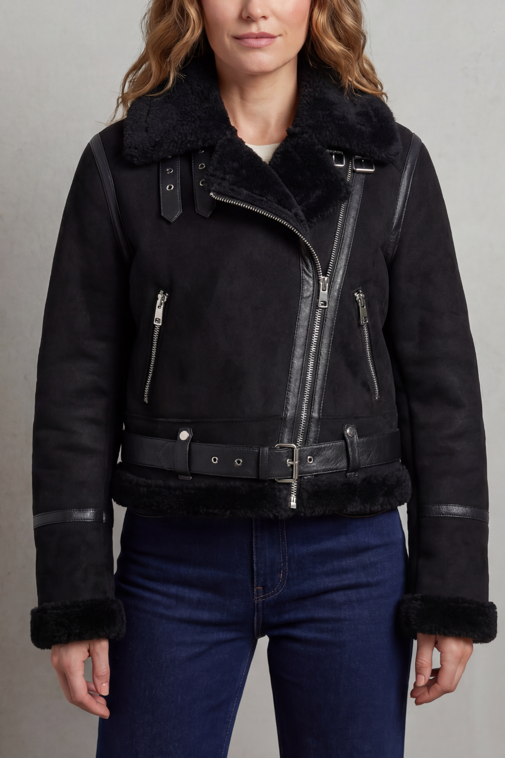 Women wearing a reversible cropped aviator jacket, showcasing its chic and modern design.