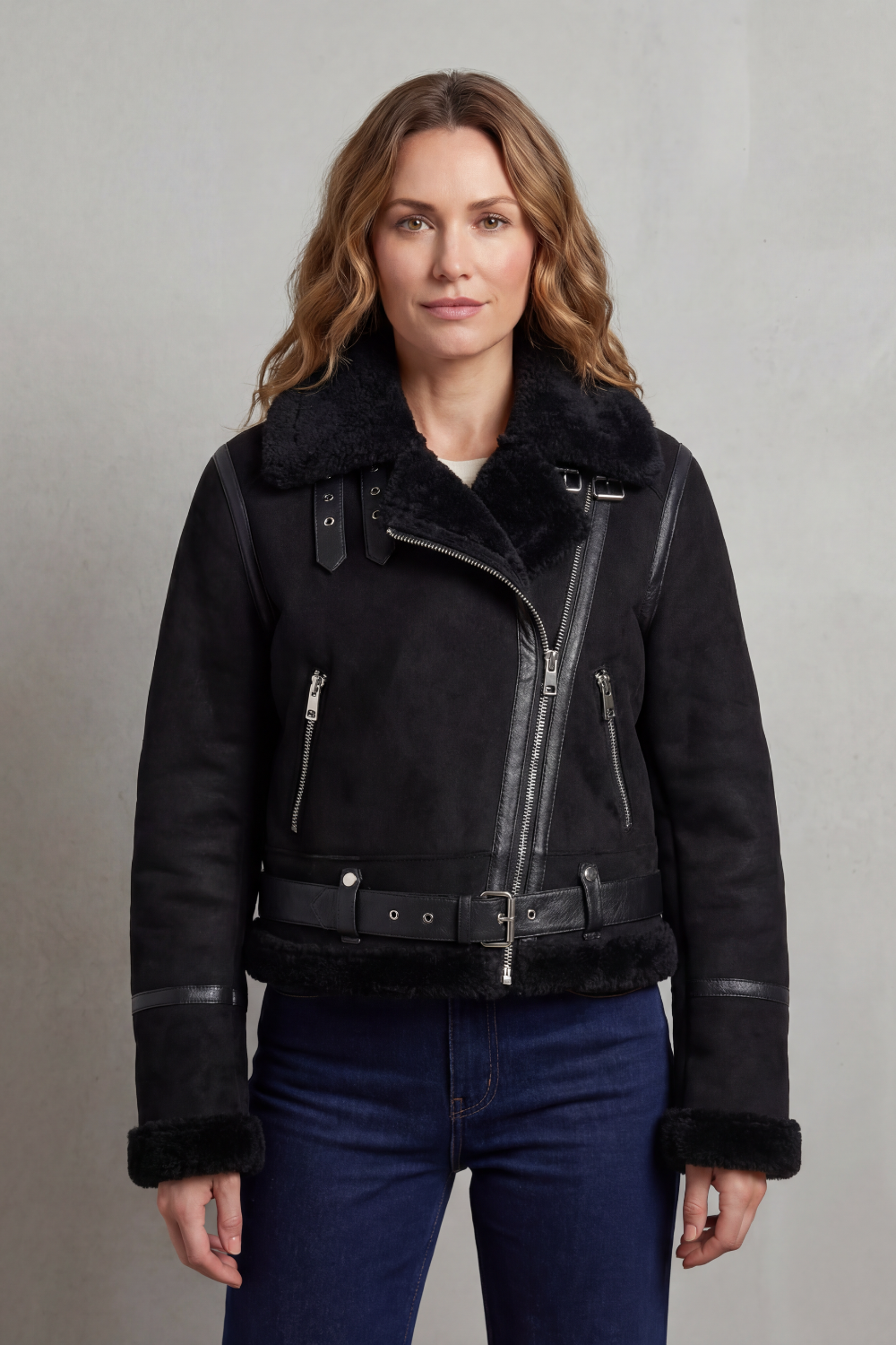 Close-up of a women's reversible cropped aviator jacket, highlighting texture and aviator details.