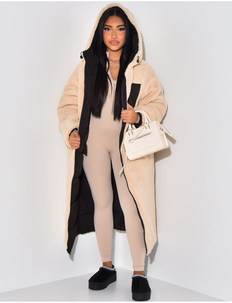 Women's warm long puffer winter coat with hood, reversible design for versatile cold weather outerwear.