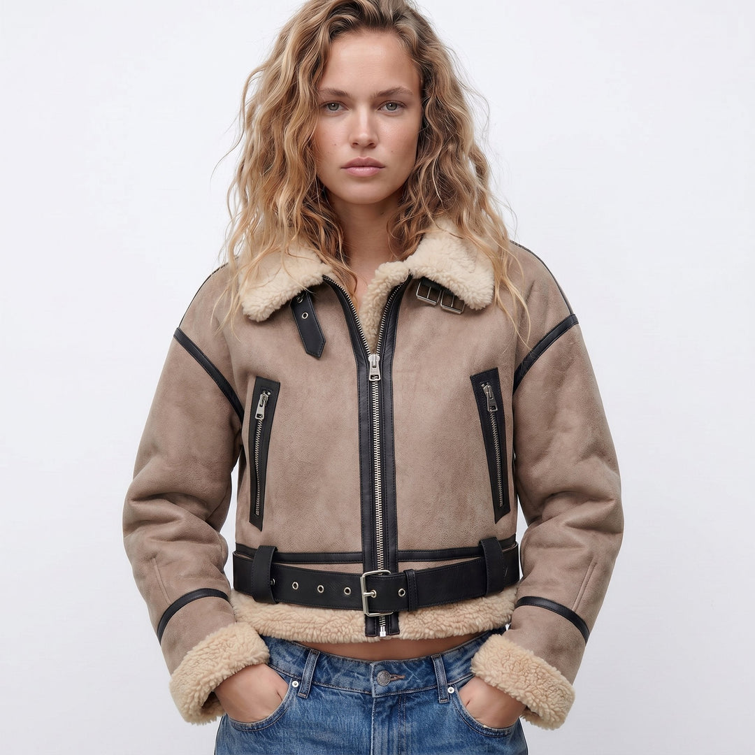 Chic women's reversible bomber jacket for winter. Warm shearling coat, perfect for everyday casual fashion.