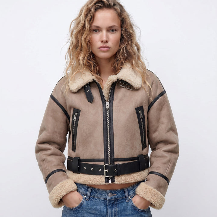Chic women's reversible bomber jacket for winter. Warm shearling coat, perfect for everyday casual fashion.