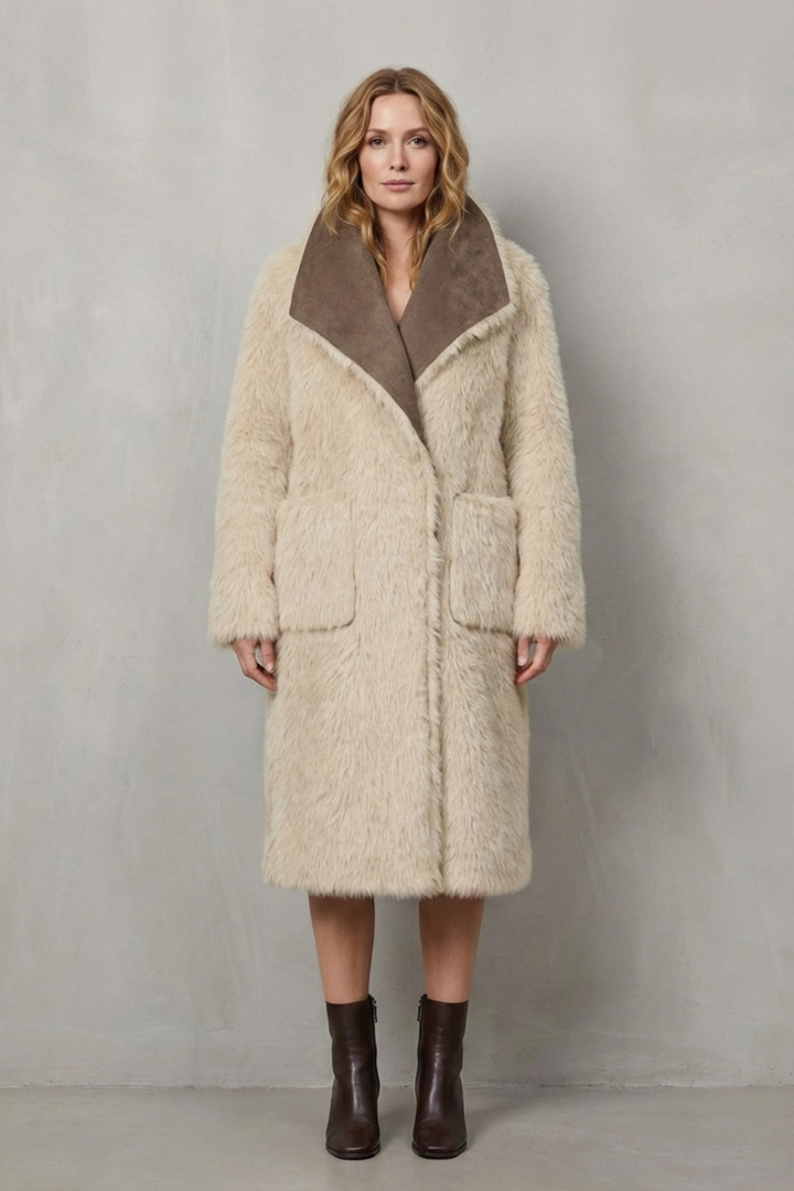 Fashionable women's reversible winter coat, showcasing a comfortable textured fabric and cozy warmth.