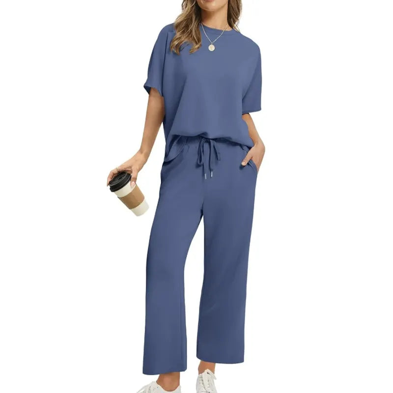 Effortless women's ribbed top and trouser set. A chic two-piece matching outfit for relaxed comfort.
