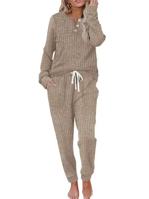 Women's casual ribbed loungewear set. Button-neck long-sleeve top & drawstring jogger pants for home.