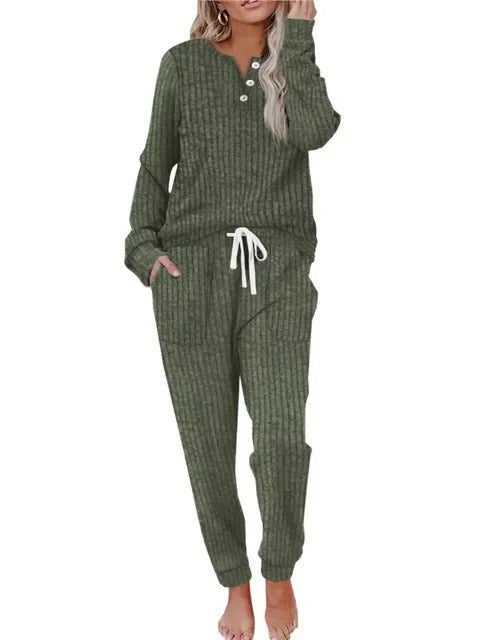 Chic women's ribbed matching set. Button-neck long-sleeve top and soft drawstring jogger pants.